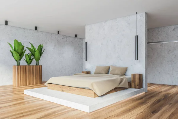 角落的时髦卧室与白色和木制墙壁 木制地板和舒适的国王尺寸的床与米黄色毯子 3D渲染 — 图库照片