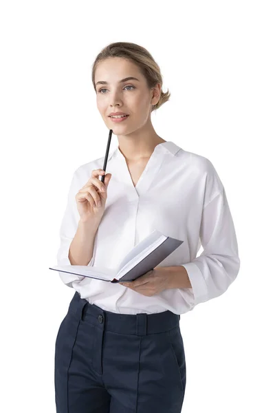 Retrato Aislado Una Joven Empresaria Europea Sonriente Con Planificador Concepto —  Fotos de Stock