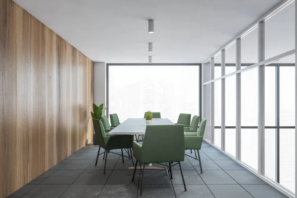 Interior of stylish meeting room with gray and wooden walls, tiled floor and long conference table. 3d rendering