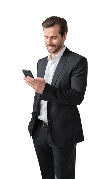 Isolated Portrait Smiling Young Businessman Using Smartphone Concept Communication Internet — Stock Photo, Image