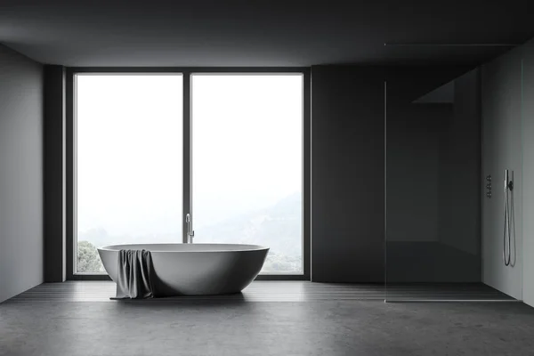 Intérieur Salle Bain Élégante Avec Murs Gris Sol Béton Baignoire — Photo