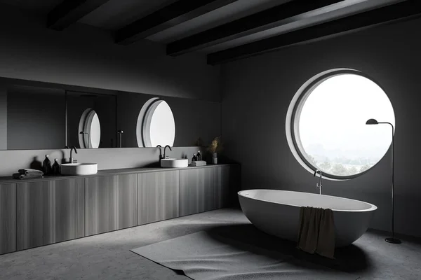 Corner Stylish Loft Bathroom Gray Walls Concrete Floor Comfortable Bathtub — Stock Photo, Image