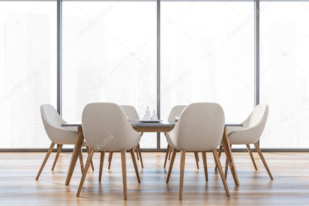 Bright kitchen room with a big window and six white chairs with wooden legsm one white kitchen table. Home interior, eating room bright colours 3D rendering, no people