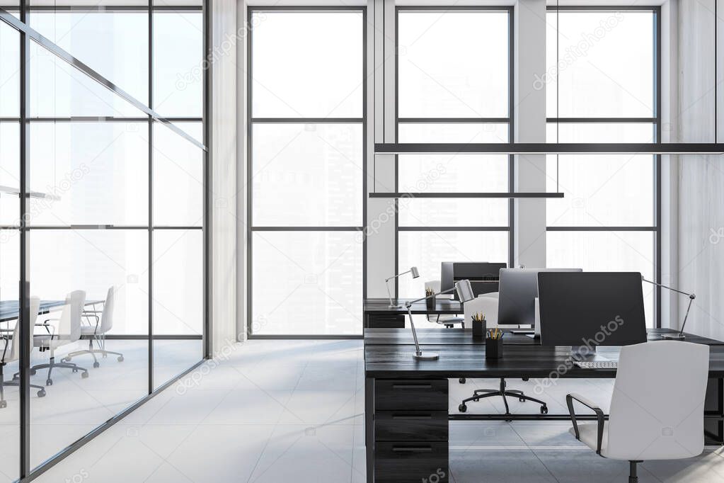Black office tables with computers, workplace in bright white business room with big windows, view on the city skyscrapers no people, 3D rendering