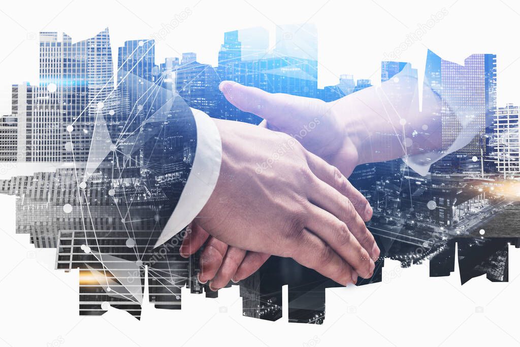 Close up of businesswoman and businessman shaking hands in blurry modern city.Concept of partnership. Toned image double exposure
