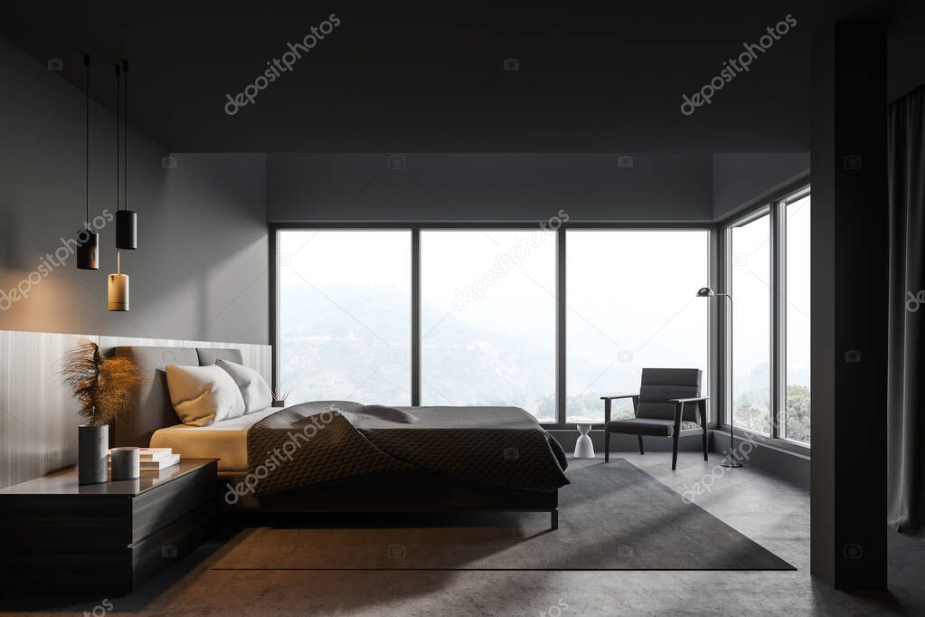 Interior of stylish master bedroom with gray walls, concrete floor, comfortable king size bed and armchair. 3d rendering