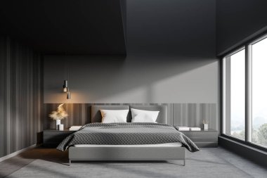 Gri duvarları, beton zemini ve rahat kral yatağı olan panoramik ana yatak odası. 3d oluşturma