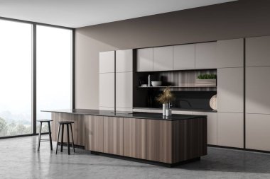 Modern mutfağın köşesinde açık gri duvarlar, beton zemin ve tabureli ahşap bar. 3d oluşturma