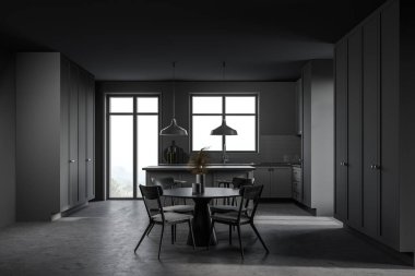 Gri duvarları, beton zemini, tabureleri ve yuvarlak yemek masası olan şık bir mutfak. 3d oluşturma