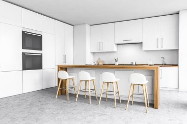 Beyaz duvarları, beton zemini, beyaz dolapları ve tabureli barı olan modern mutfağın köşesi. İkisi ocakta yapılmış. 3d oluşturma