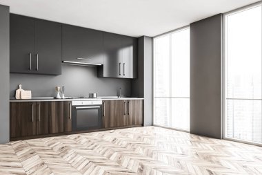 Gri duvarları, ahşap zemini ve lavabo ve fırından yapılmış gri dolapları olan şık minimalist mutfağın köşesi. 3d oluşturma