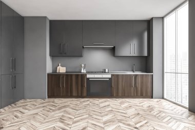 Gri duvarları, ahşap zemini ve lavabo ve fırından yapılmış gri dolapları olan şık minimalist mutfağın içi. 3d oluşturma