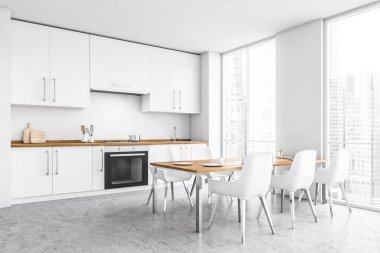 Beyaz duvarları, beton zemini ve lavabo ve fırında yapılmış beyaz dolapları olan modern minimalist mutfağın köşesi. Charis 'le yemek masası. 3d oluşturma