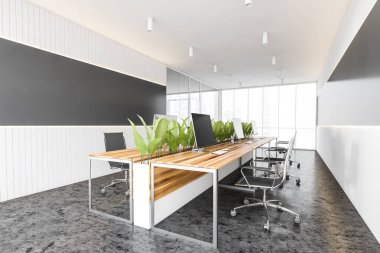 Beyaz ve gri duvarları, beton zemini ve ahşap bilgisayar tabloları olan modern açık uzay ofisinin köşesi. 3d oluşturma