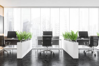 Ahşap ve gri duvarları, beton zemini ve ahşap bilgisayar tabloları olan modern açık uzay ofisinin içi. 3d oluşturma