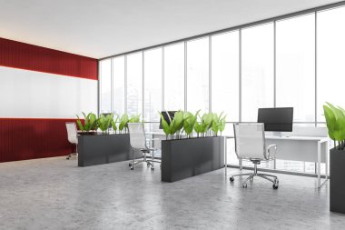 Beyaz ve kırmızı duvarları, beton zemini ve beyaz bilgisayar tabloları olan modern açık uzay ofisinin köşesi. 3d oluşturma