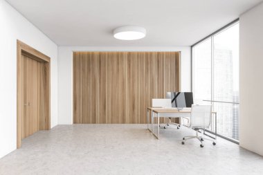 Büyük pencerenin yanında iki bilgisayarı olan beyaz ahşap bir oda, gri mermer zemin. Beyaz sandalyeli ve ahşap masalı işyeri, 3 boyutlu, kimseyi göstermiyor.