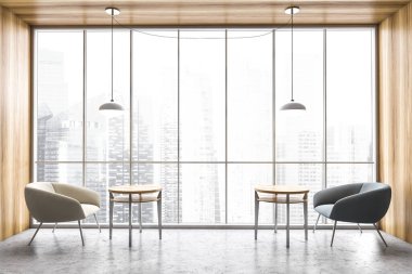 Ofis merkezinde kahve masaları olan beyaz ve gri sandalyeler, büyük pencereli koltuklar, gökdelenler. 3D görüntüleme, insan yok