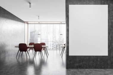 Masaları ve kırmızı sandalyeleri olan koyu gri bir ofis odasında, gökdelen manzaralı büyük pencereli koyu gri bir tuval. Minimalist bir ofisin 3 boyutlu canlandırması, insan yok