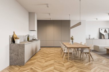 Beyaz duvarları, ahşap zemini, uzun yemek masası ve gri dolapları olan modern mutfağın içi. 3d oluşturma