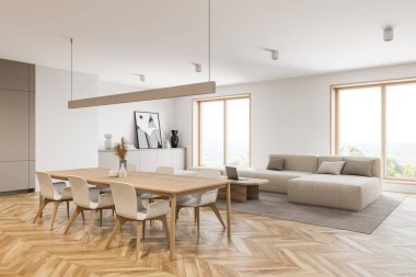 Modern oturma odasının köşesinde beyaz duvarlar, ahşap zemin, beyaz kanepe, laptoplu kahve masası ve yemek masası. 3d oluşturma