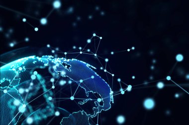 Koyu mavi arka plan üzerinde gelecekteki ağ arayüzü ve gezegen hologramı. 3D tonlanmış görüntü çift pozlama. Bu görüntünün elementleri NASA tarafından desteklenmektedir