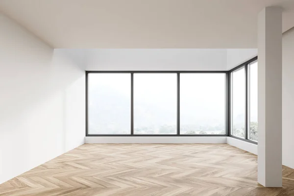 Wnętrze Pustego Pokoju Białymi Ścianami Drewnianą Podłogą Panoramicznym Oknem Kolumna — Zdjęcie stockowe