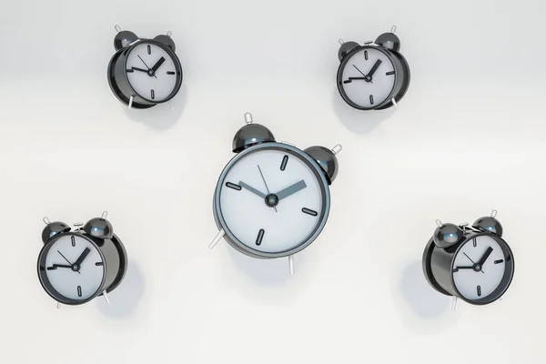 看到白色背景上的5个闹钟 清醒的概念 时间管理和截止日期 3D渲染 — 图库照片