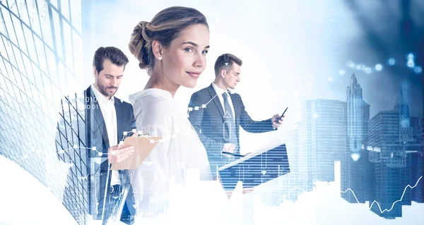 Portrait Three Business People Standing Modern Blurry City Double Exposure — Stock Photo, Image