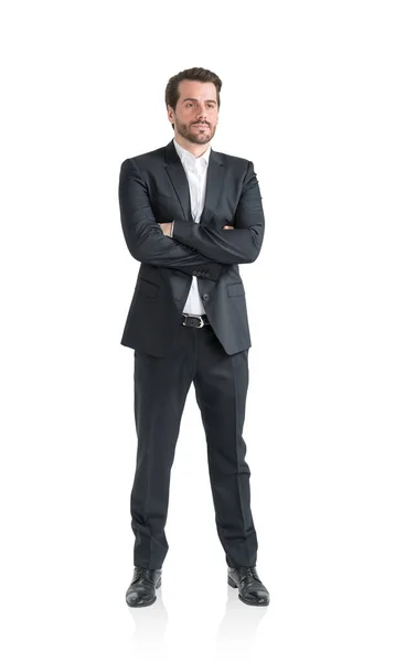 Isolated Full Length Portrait Confident Young European Businessman Standing Crossed — Stock Photo, Image