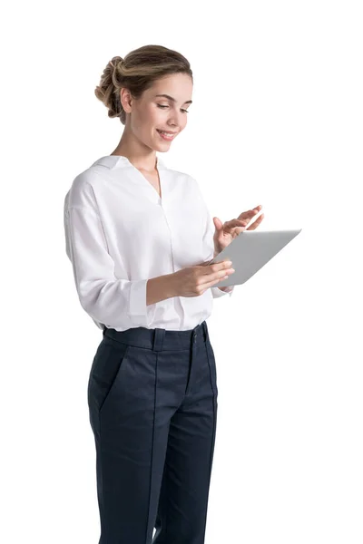 Retrato Isolado Sorridente Jovem Empresária Usando Tablet Computador Conceito Tecnologia — Fotografia de Stock