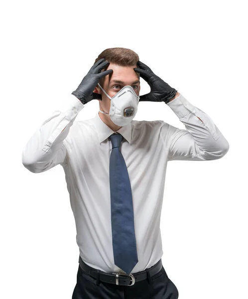 Isolated Portrait Panicking Young Businessman Mask Gloves Concept Covid Coronavirus — Stock Photo, Image