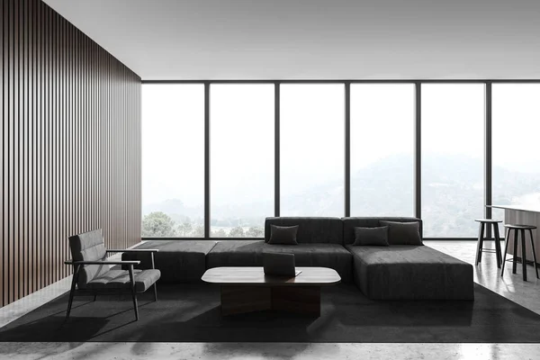 室内装饰有深灰色的墙壁 混凝土地板 舒适的沙发和咖啡桌 3D渲染 — 图库照片
