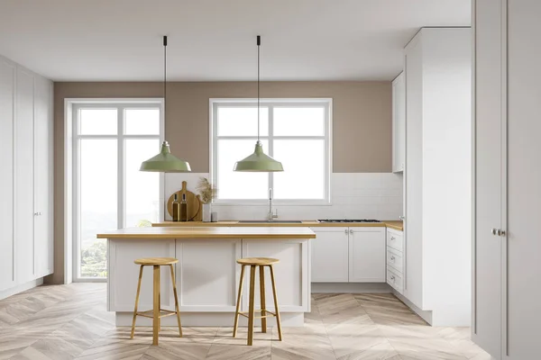 Interieur Van Moderne Keuken Met Beige Witte Muren Houten Vloer — Stockfoto