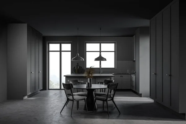 Interior Stylish Kitchen Gray Walls Concrete Floor Bar Stools Dining — Stock Photo, Image