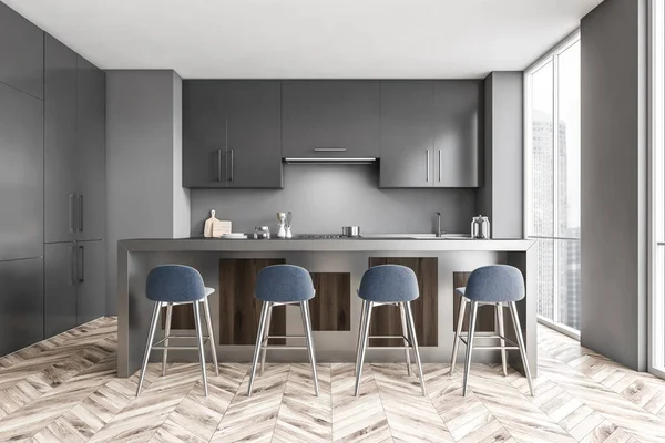 Interieur Der Stilvollen Küche Mit Grauen Wänden Holzboden Grauen Schränken — Stockfoto