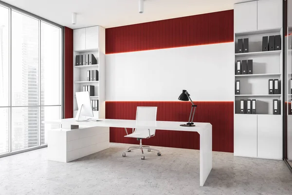 Esquina Moderna Oficina Panorámica Ceo Con Paredes Blancas Rojas Suelo —  Fotos de Stock