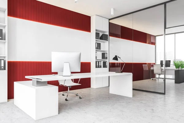 Esquina Moderna Oficina Ceo Con Paredes Blancas Rojas Suelo Hormigón —  Fotos de Stock
