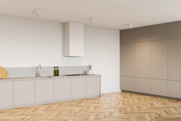 Corner Modern Kitchen White Walls Wooden Floor Gray Cupboards Rendering — Stock Photo, Image