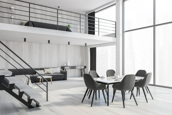 Living Room Kitchen White Table Black Chairs Two Floors Steps — Stock Photo, Image