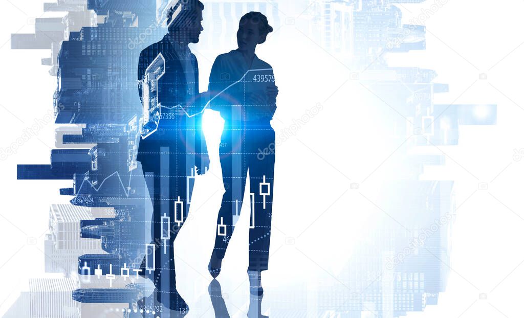 Silhouettes of businessman and businesswoman in modern city with double exposure of graph. Toned image