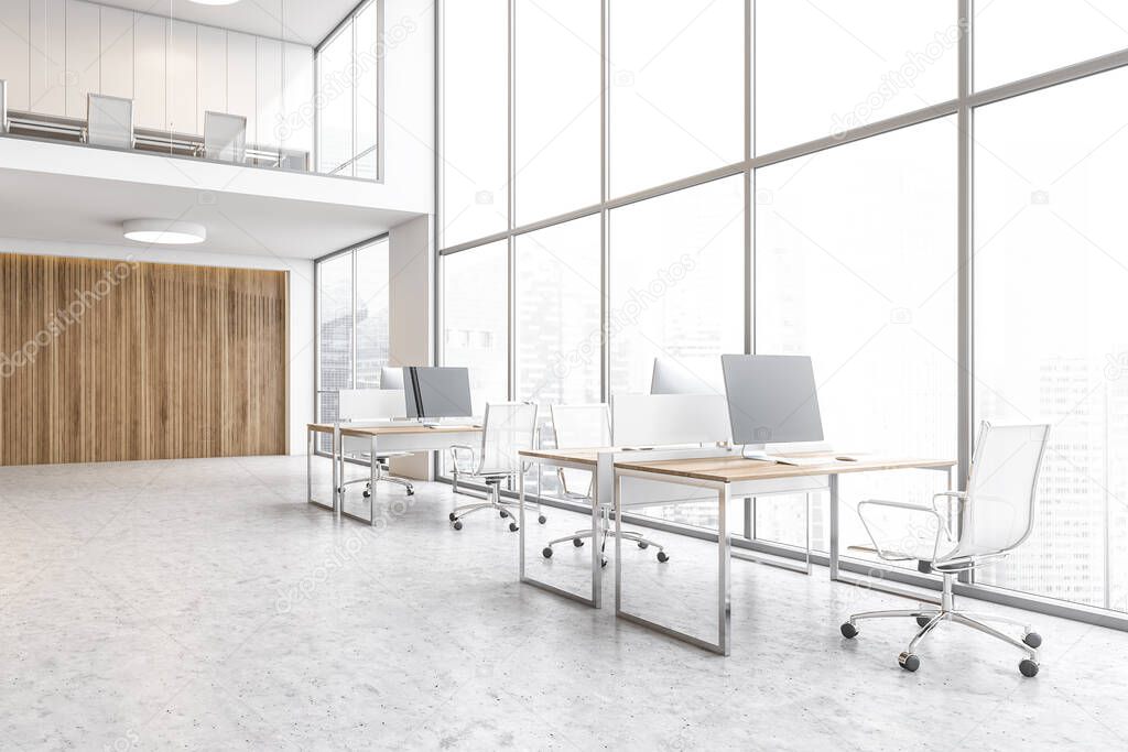 Wooden tables with computers and white armchairs with view on city business skyscrapers. Open space lobby with grey floor and wooden wall, 3D rendering no people