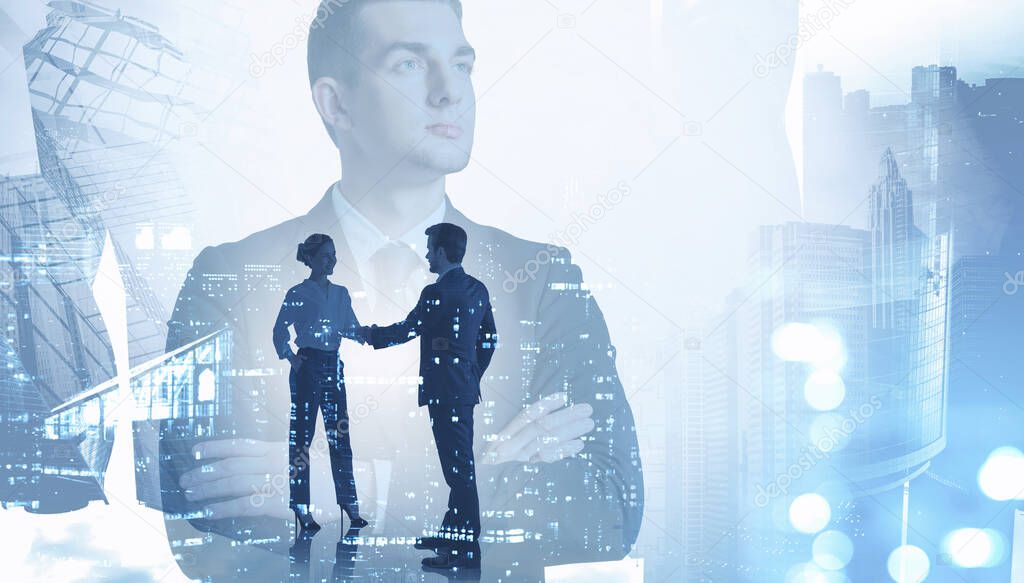 Businessman and businesswoman shaking hands in city with double exposure of CEO. Concept of management. Toned image