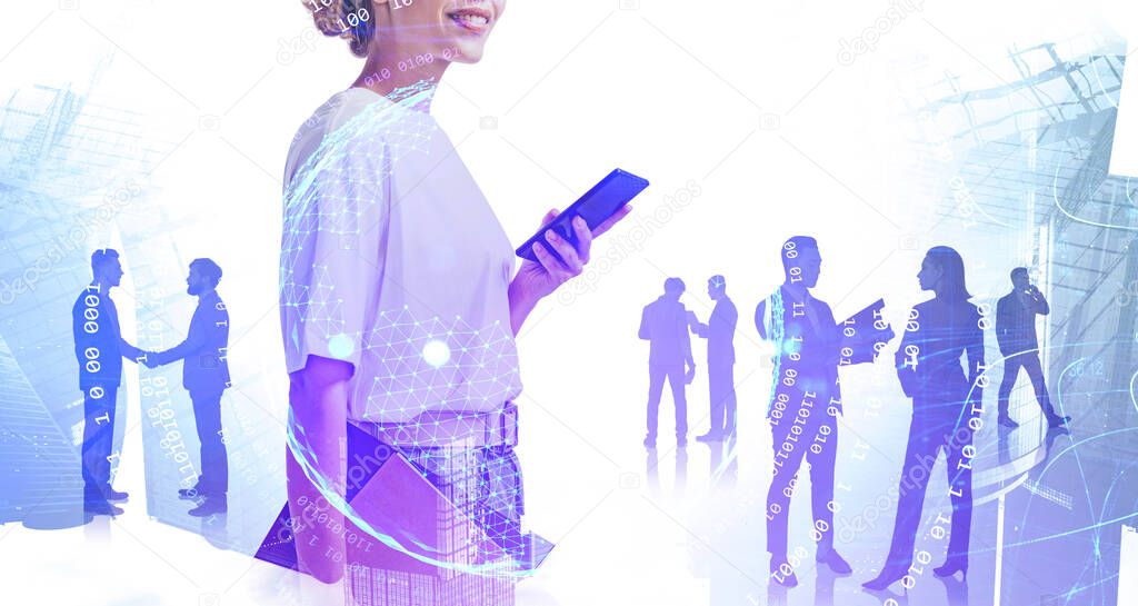 Silhouette of businesswoman with smartphone standing in blurry city with her teammates in background. Toned image double exposure