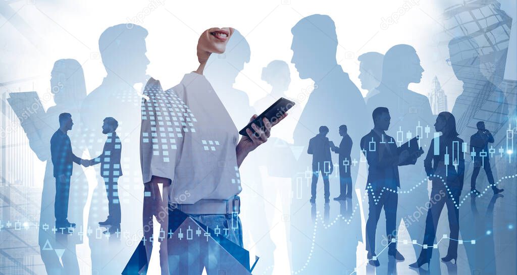 Silhouette of businesswoman with smartphone standing in blurry city with her teammates in background. Toned image double exposure of graphs