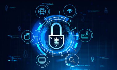 Futuristic cyber security interface with padlock and icons over blue background. Concept of data protection. 3d rendering toned image double exposure