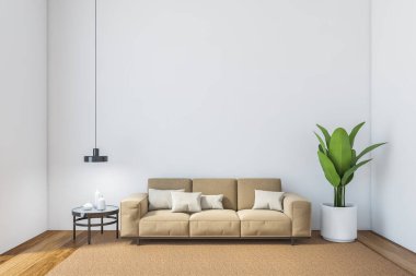 Beyaz salondaki fotokopi odası. Kahverengi kanepesi beyaz duvarlı ve bitkisel. Yastıklı minimalist salonu ve beyaz duvarlı tabakları olan masası olan, 3D çizim yapmayan insanlar.