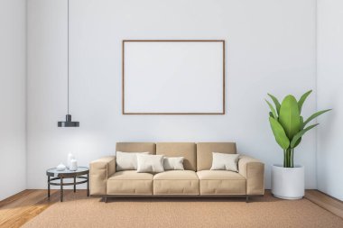 White hall mockup blank canvas with brown sofa against white wall with plant. Minimalist hall with sofa with pillows and table with dishes against white wall, no people 3D rendering
