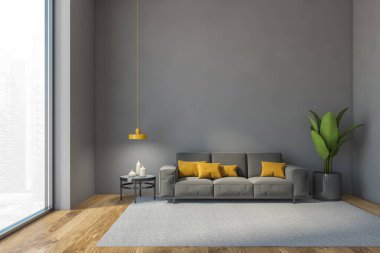 Grey hall mockup copy space with grey sofa against grey wall with plant. Minimalist hall with big window and sofa with yellow pillows and table against grey wall, no people 3D rendering