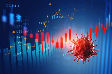 Blurry graphs and immersive interface with double exposure of covid 19 coronavirus. Concept of corona crisis in economy. 3d rendering toned image double exposure